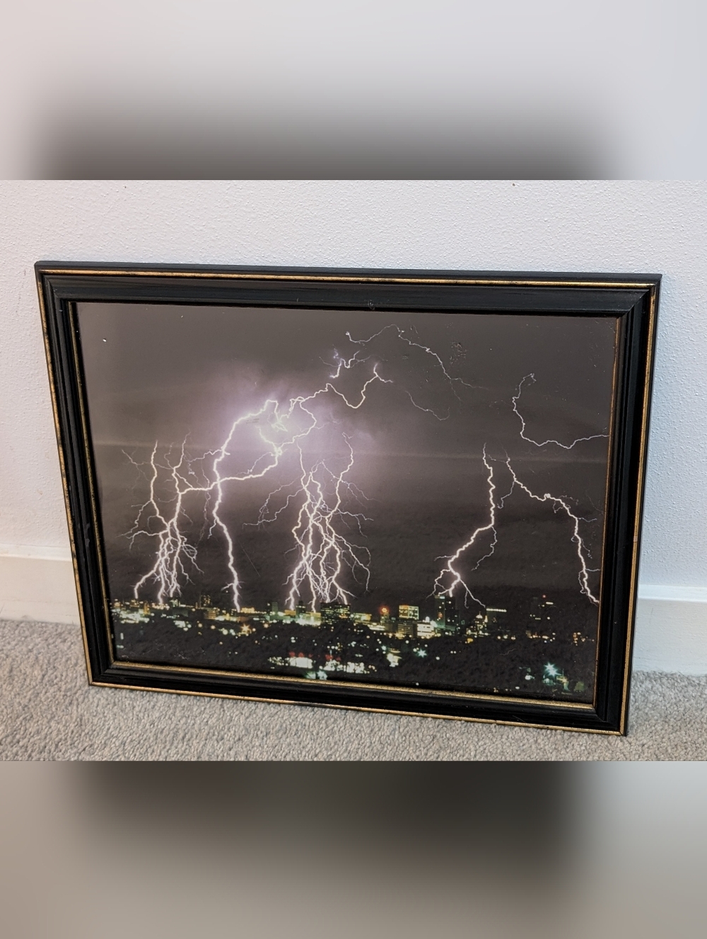 Framed Lightning Cityscape Wall Art - Black Frame